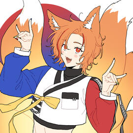 Orange haired fox humanoid with red streaks and nine tails.