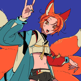 Orange haired fox humanoid with red streaks and nine tails.